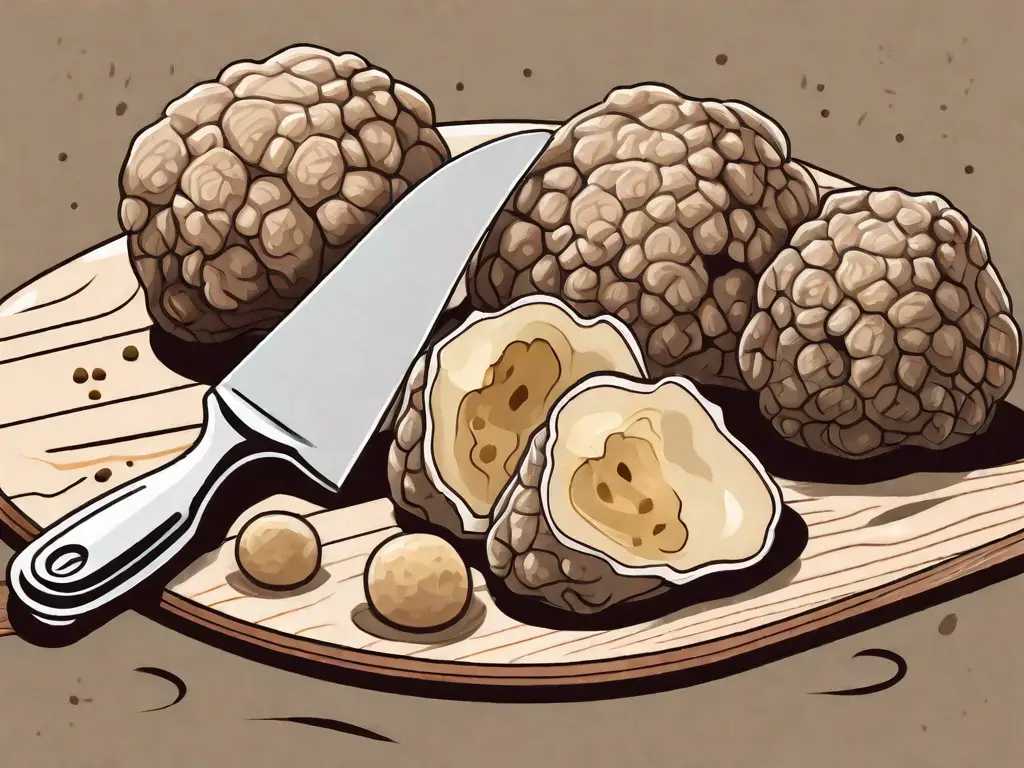 A white truffle delicately placed on a wooden cutting board
