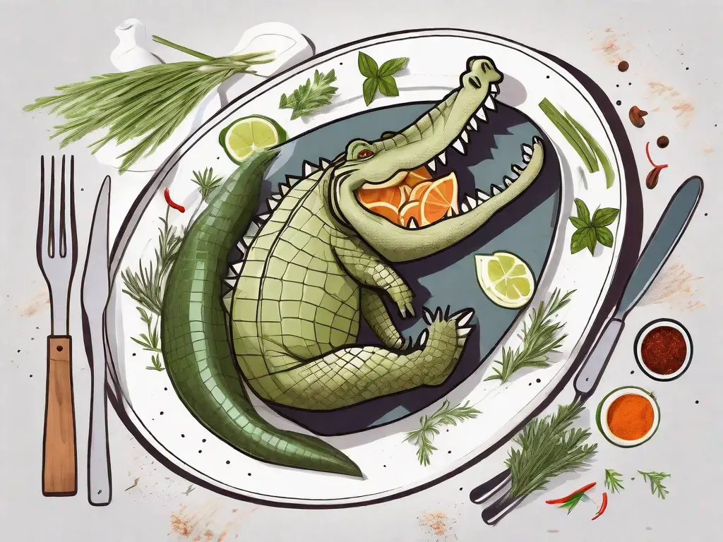 An alligator on a platter with a garnish of herbs and spices