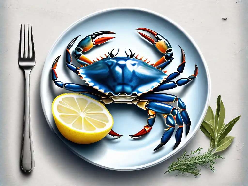 A blue crab on a plate with a lemon wedge and some herbs