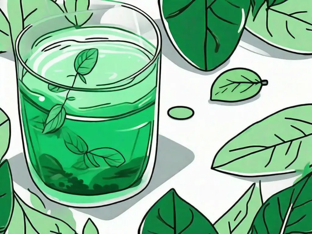 A glass of green water with a mint leaf floating on top