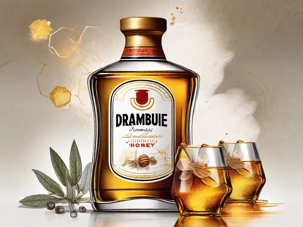 A bottle of drambuie liqueur with a glass next to it