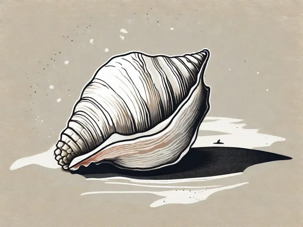 A conch shell on a beach with a bite taken out of it