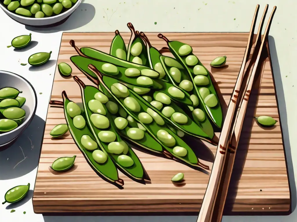 A few edamame pods resting on a wooden cutting board