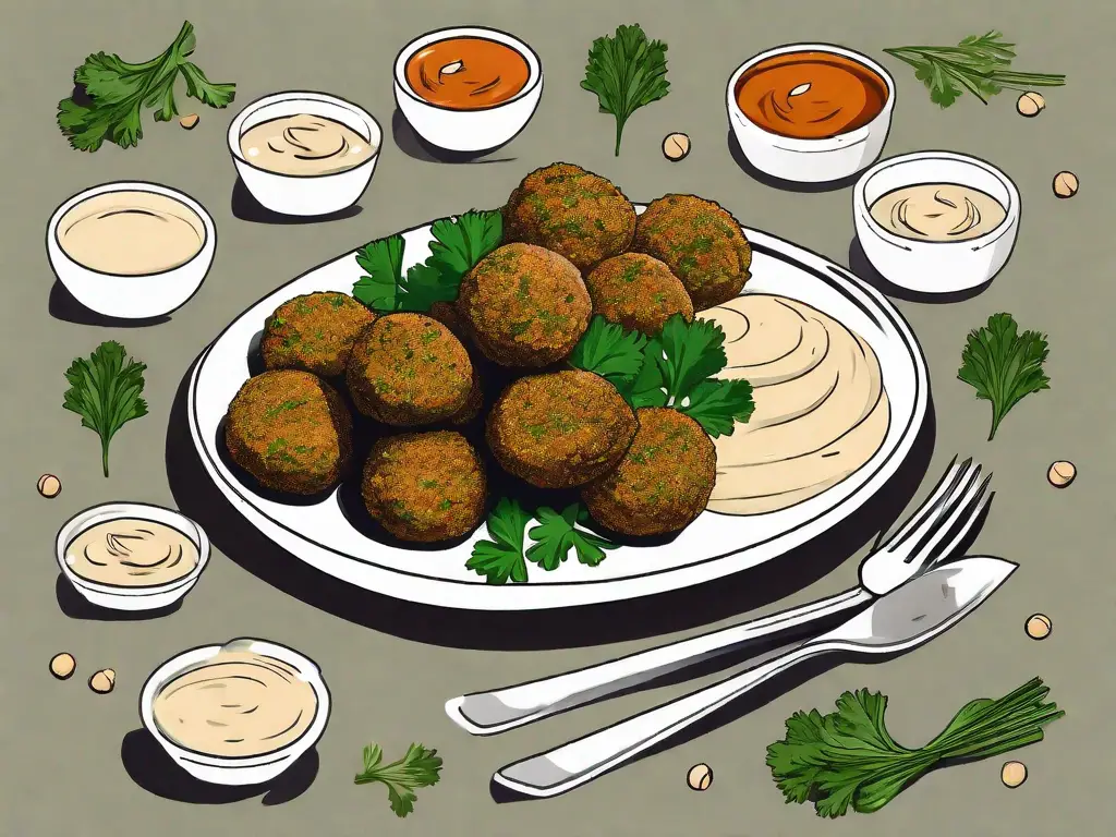 A plate of falafels with a side of tahini sauce