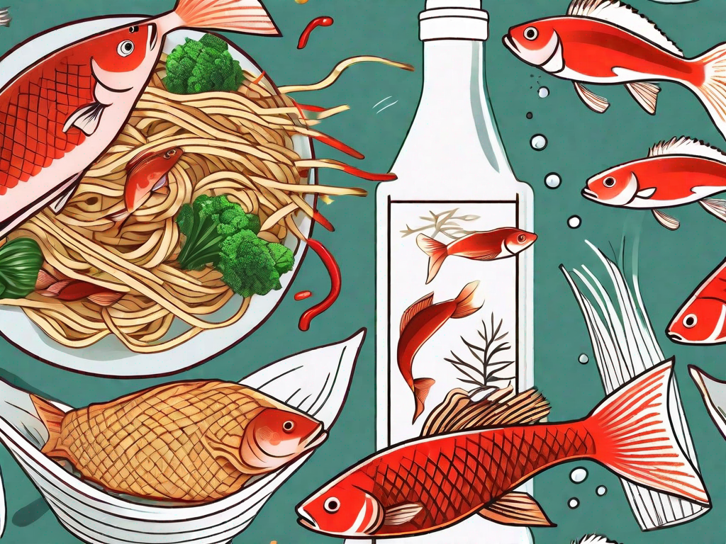A variety of fish swimming around a bottle of fish sauce with different types of food like noodles and vegetables in the background