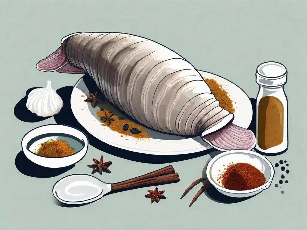 A geoduck clam in its natural habitat with a variety of spices and cooking utensils nearby