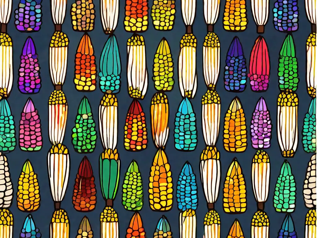 Several ears of glass gem corn with a variety of vibrant colors