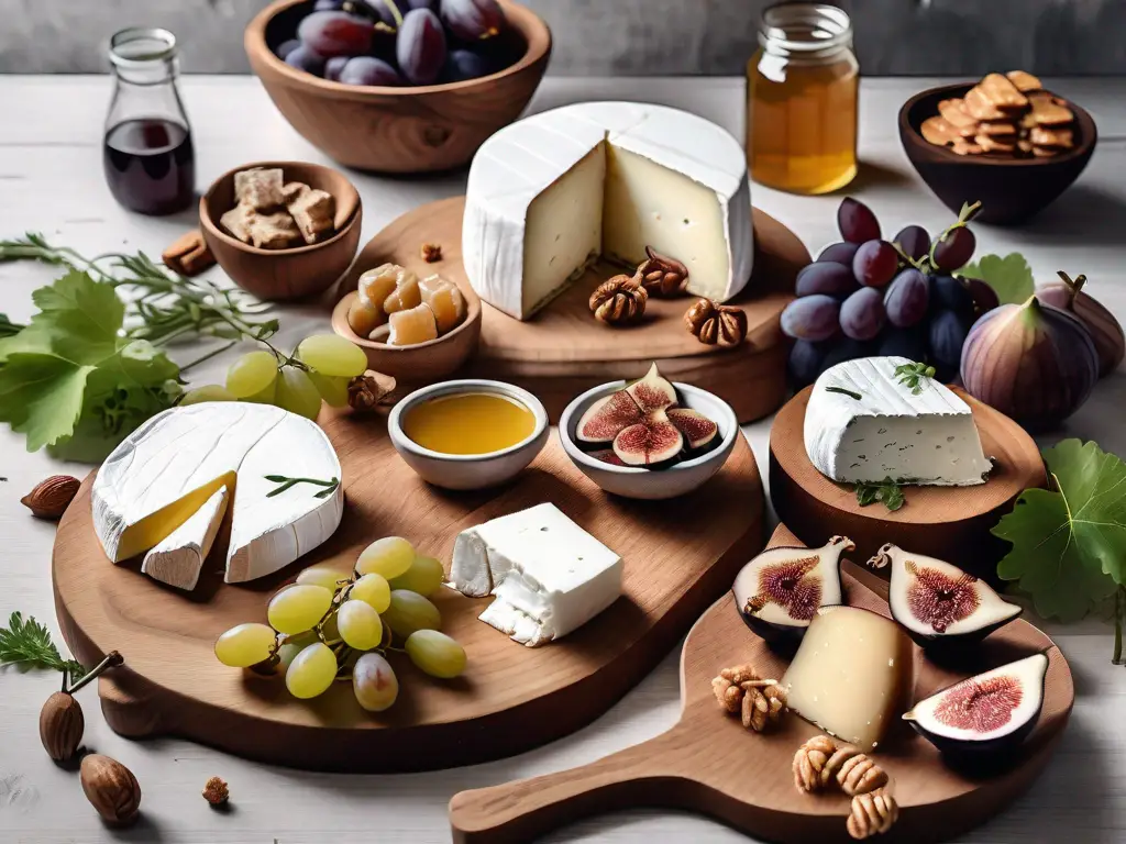 A variety of goat cheese types on a rustic wooden board