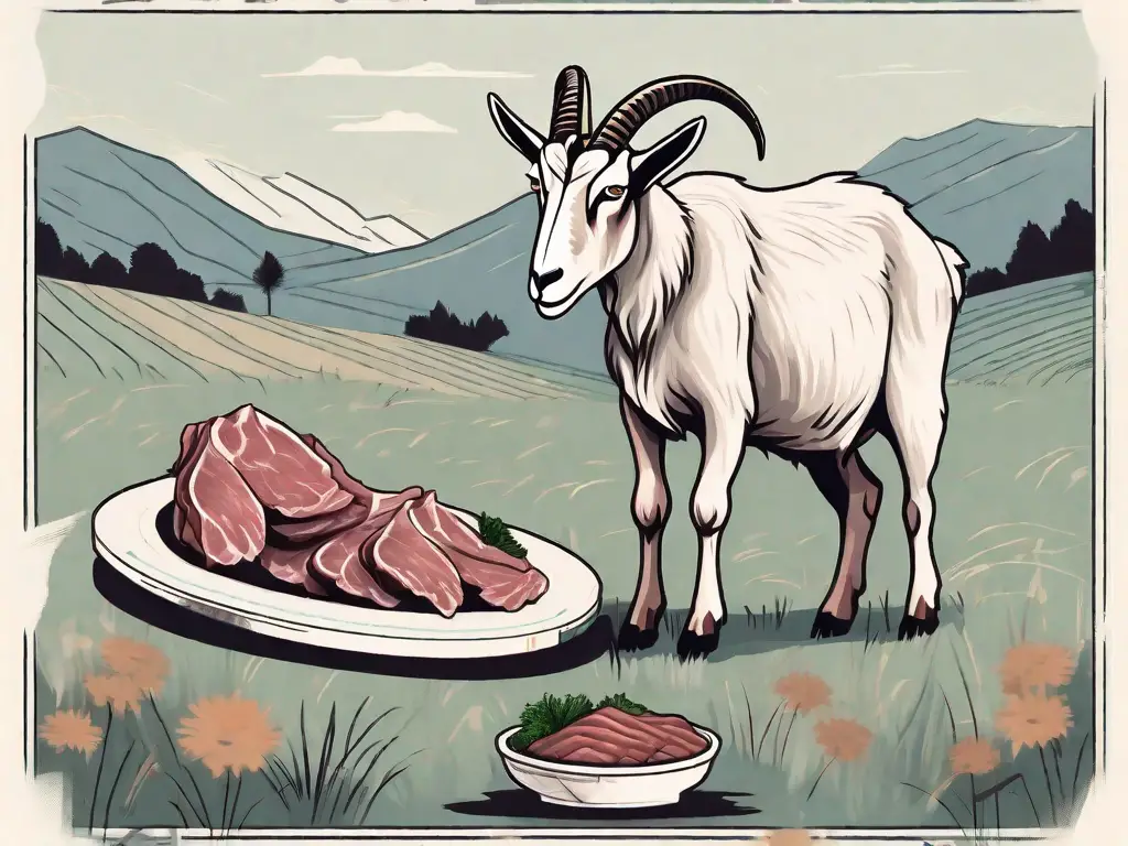 A goat peacefully grazing in a field with a few cuts of goat meat tastefully displayed on a platter nearby