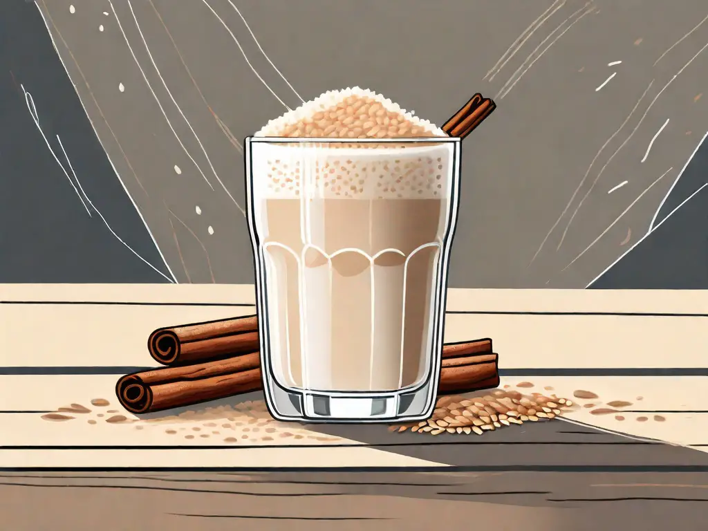 A glass of horchata with a cinnamon stick and rice grains scattered around it