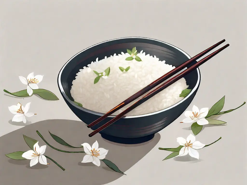 A bowl of jasmine rice surrounded by jasmine flowers