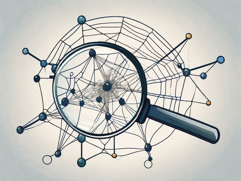 A magnifying glass hovering over a complex web of interconnected nodes
